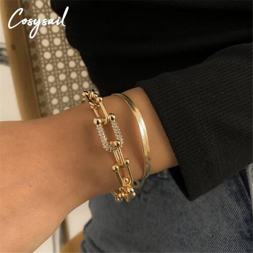Cosysail 2Pcs/Set Designer original U-shaped Chain Bracelet Punk Snake Chain Zirconia Stone Chain Bracelet Set for Women Jewelry