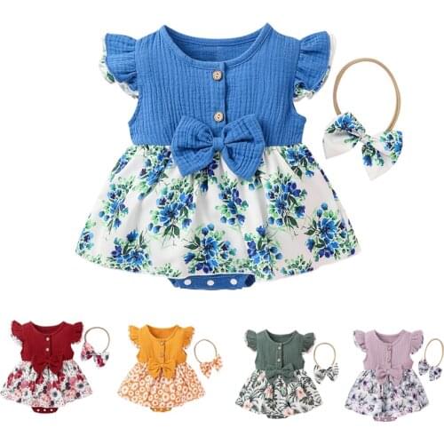 Toddler Romper Clothes Cotton Linen Casual Flower Ruffled Playsuit+Hairband for Girls 2PCS Outfits Newborn Baby Girl Clothes