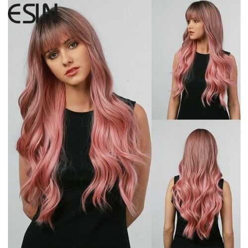 Inhaircube Long Curly Ombre Blonde Brown Womens Wigs with Bangs Synthetic Hair Lolita Wig Cosplay Natural Hair For Black Women