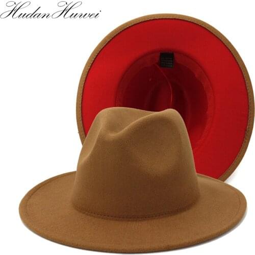 New Style Autumn Winter Patchwork Khaki Red Jazz Woolen Felt Fedora Hat Gentlemen Ladies Church Holiday Oversized Caps