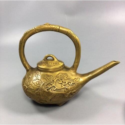 Chinese Old Copper Collection Brass double Dragon Sculptures Figurines wine pot kettle water tea pot Home desktop decoration