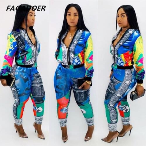 Fagadoer Fall Zip Vintage Print Sets Mature Office Sexy Outfits Full Sleeve Zipper Coat Top Long Pants Elastic Women 2 Piece