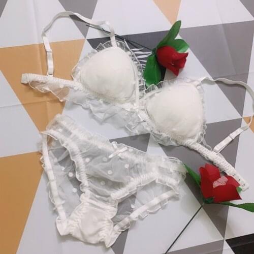 Japanese Sexy Cute Anime Pattern Sweet Lace lingerie femme Bow Flouncing Underwear Set No Rims Bra Bra & Panties Set