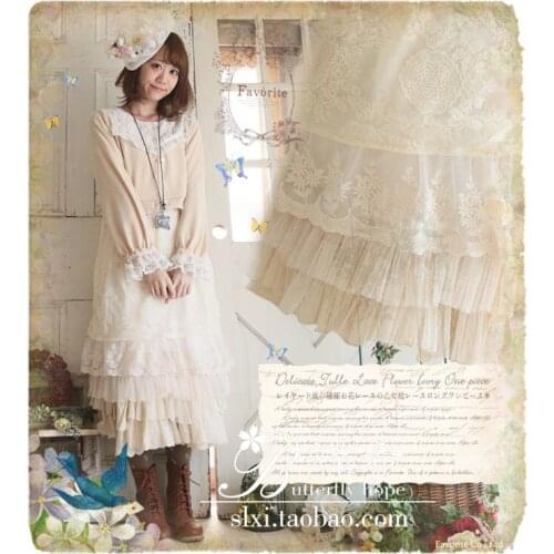 Autumn winter lace ruffle sweet long sleeve crochet embroidery vintage cotton linen rockabilly gothic lolita hippie boho dress