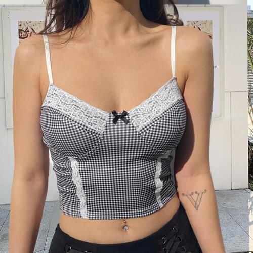 70% Hot Sell Blouse Plaid Printed Lace Frill Short-length Sexy Sweet Crop Top for Women