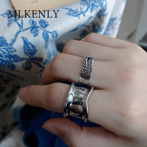 MLKENLY Geometric minimalist 925 sterling silver ring for women niche design ins double chain punk ring