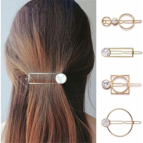 Fashion Women Girls Metal Circle Square Hair Clips Natural Stone Hairpins Barrettes Wedding Hair Clip Accessories Dropshipping