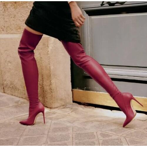 Moraima Snc Fashion Wine Red High Heel Boots Sexy Pointed Toe Thin heels Thigh High boots Big Size Runway Long Boots
