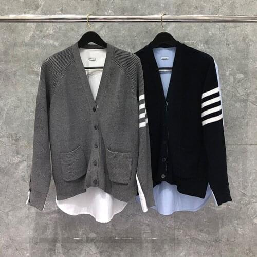 TB Men Cardigan V Neck Sweater Wool Striped Loose Men Jacket Outerwear Korean Design High Quality