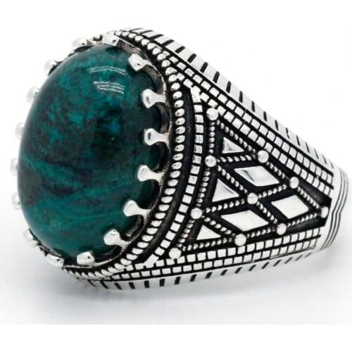 Natural Phoenix Stone Ring for Men 925 Sterling Silver Vintage Geometric Classic Rings with Original Gemstone Turkish Jewelry