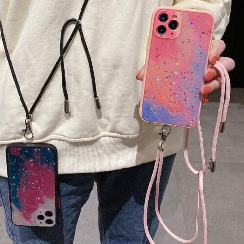 Epoxy Shining Glitter Stars Sequins Phone Case for iPhone 12 Mini 11 Pro XS Max Necklace Cord Chain Hanging Rope Crossbody Cover