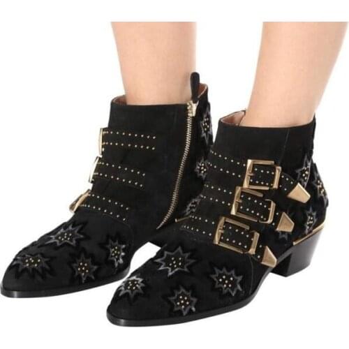 Drop Shipping Fashion Women Black Buckle Zip Side Round Toe Star Low Heels Comfortable Rivets Plus Size Short Ankle Boots Lady