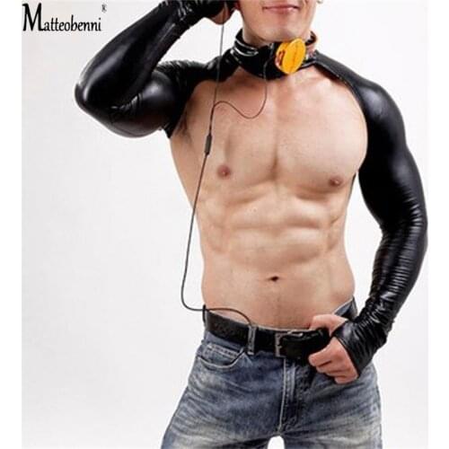 Sexy Latex Bodysuit Catsuit Men Long Sleeve DJ Body Suits Nightclub Pole Dance Lingerie Gloves Gay PVC Black Erotic Clubwear