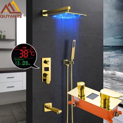 Quyanre Gold Digital Shower Faucets Set LED Rainfall Shower Head Golden 3-Way Digital Temp Display Mixer Tap Tub Spout Shower