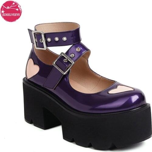 Platform Pumps for Women Ankle Strap Mary Jane Shoe Gothic Wedges Lolita Shoes Halloween Cosplay Shoes with Heart Pattern