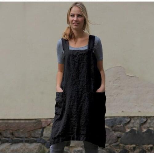 Vintage Cottage Home Garden Double Pockets Solid Apron Pinafore Dress Casual Loose Fit Dress for Women TT@88
