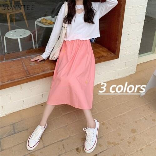 Skirts Women Summer Basic Fashion Mid-Calf Elastic Waist Embroidery Floral Feminino Simple Daily College All-match Empire Preppy