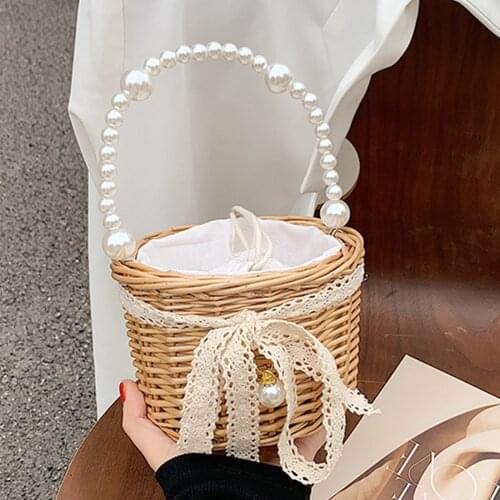 Beading Chain Summer Small Straw Shoulder Bags For Women Rattan Weave Travel Beach Bucket Bag Womens Fashion Crossbody Handbags