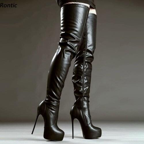 Rontic New Women Winter Platform Thigh Boots Unisex Faux Leather Stiletto Heels Round Toe Black Night Club Shoes US Size 5-20