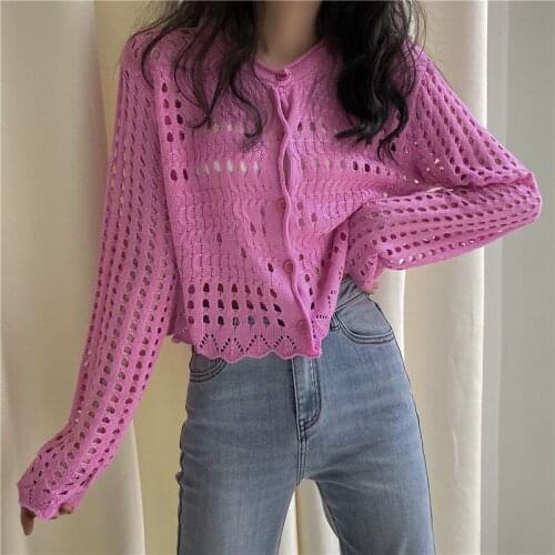 Autumn Hollow Out Knitted Cardigan Womens Fashion Solid Sunscreen Long Sleeve Sweater Single Breasted Causal Loose Streetwear