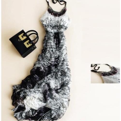Women Summer Silk Dresses Elegant Long Beach dress Black White Print High Quality Clothing Free Shipping HOT Selling