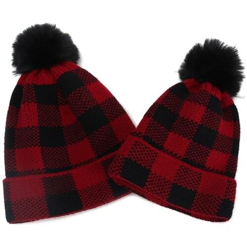 Winter Warm Parent-Child Hat Plaid Knit Beanie Cap with Faux Fur Pom Pom for Adult & Baby