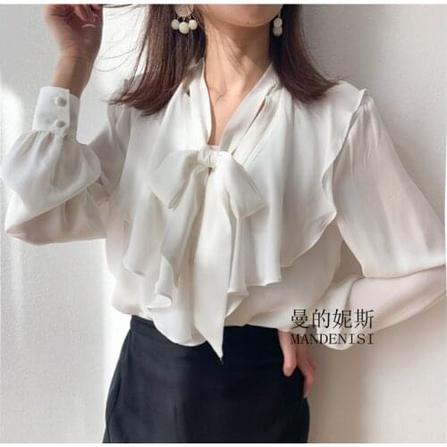 100% natural silk Blouses V neck white Long Sleeve Real Silk Blouse Tops with ruffles for women Office Wear Shirts work Blouses