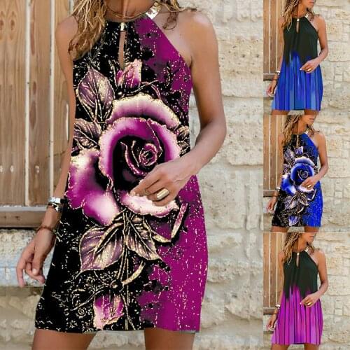 2021 Women Loose Boho Floral Rose Print Ruffles Dress Large Big Summer Elegant Halter Party Beach Dresses Plus Size 5XL Befree