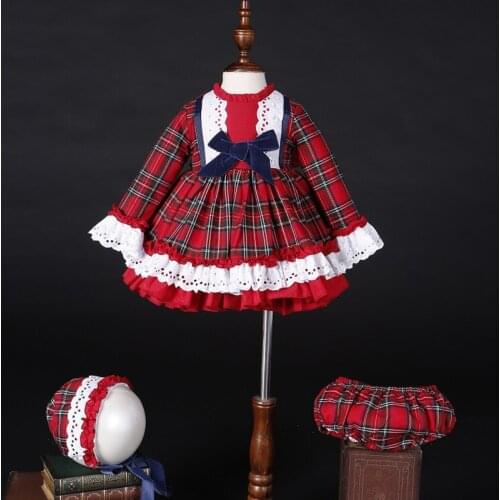 3PCS Baby Girl Autumn Winter Plaid Vintage Spanish Pompom Ball Princess Dress Cotton Lolita Christmas Party Clothes Hat Pants