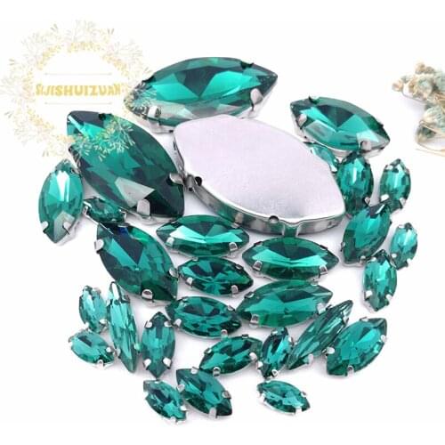 Popular!MIX Malachite green Horse eye Size Crystal Glass Sew-on Rhinestones Silver Bottom DIY Womens Dresses and shoes 30pcs