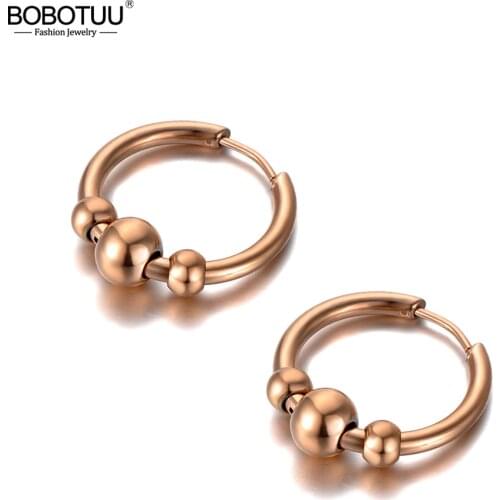 BOBOTUU Original Design 3Pcs Round Beads Hoop Earrings Stainless Steel Trendy Party Earrings Jewelry For Women Girls BE20129