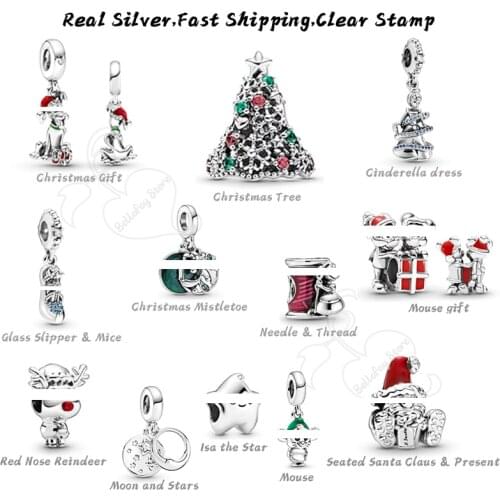 925 Silver Sterling Cinderella Dress Dangles Mouse Charms Compatile Pdora Bracelets Christmas Gift Beads