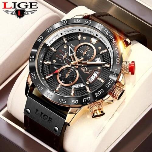 2021 LIGE Watches Mens Top Brand Luxury Clock Casual Leathe 24Hour Moon Phase Men Watch Sport Waterproof Quartz Chronograph+Box