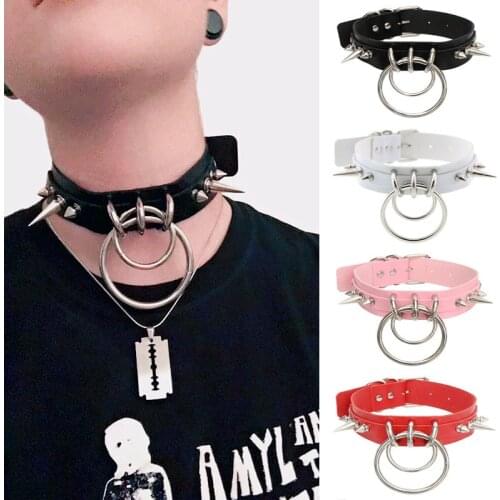 Black Spike belt collar women O-round pu leather goth choker necklace for women party club chocker gothic jewelry Harajuku