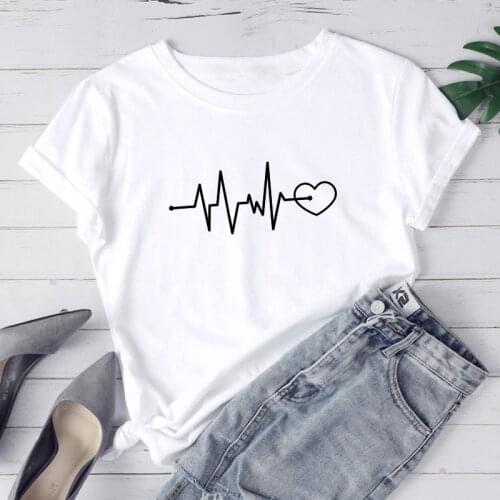 Graphic Tees Women T Shirt Lover Heartbeat Print Girls Summer Tops Korean Clothes Fashion Ulzzang Female T-shirt Mujer Shirt New