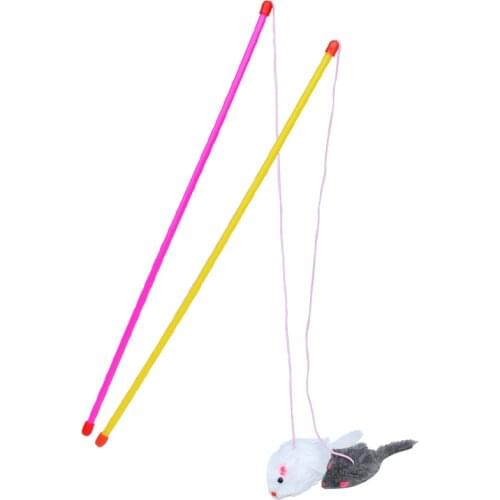 Kitten Toy Mouse On A Rod Feather Cat Teaser For Pets Rabbit Fur With Bell