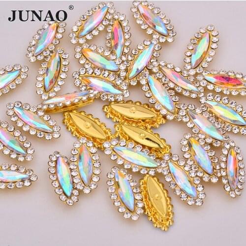 JUNAO 30pcs 4*15mm Sewing Crystal AB Claw Rhinestones Gold Glass Crystal Stones Horse Eye Strass Bridal Beads Applique For Dress