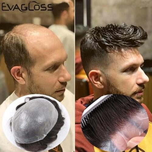 Handmade Human Hair Capillary Prosthesis Natural Mens Wig Soft Thin Skin Pu Hair Replacement System 0.06mm Thickness Men Toupee