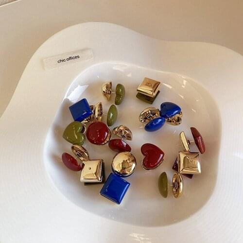 Korean Vintage Cold Wind Oil Drop Stud Earrings For Women Girls Simple Geometric Love Square Round Fashion Colorful Ear Gifts