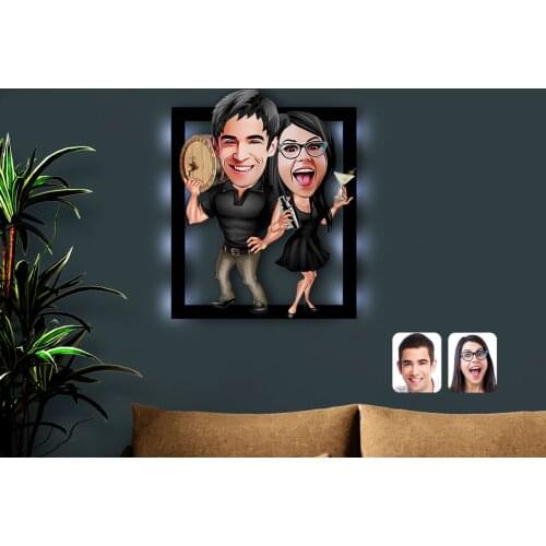 Personalized Valentine Caricature OF 3D Led Light Wood Tablo-18