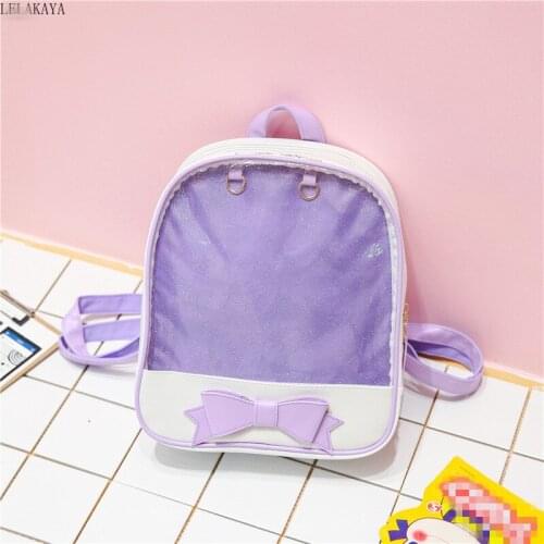 Clear Transparent Backpack Women Harajuku Bow-knot Bags Cute Anime Action Figure Printed PU Leather Students Fashion Schoolbag