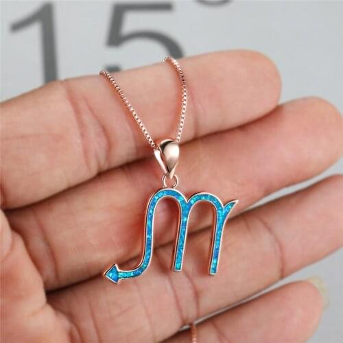 Luxury Female Blue Opal Stone Pendant Necklace Twelve Constellations Wedding Necklace Rose Gold Color Chain Necklaces For Women
