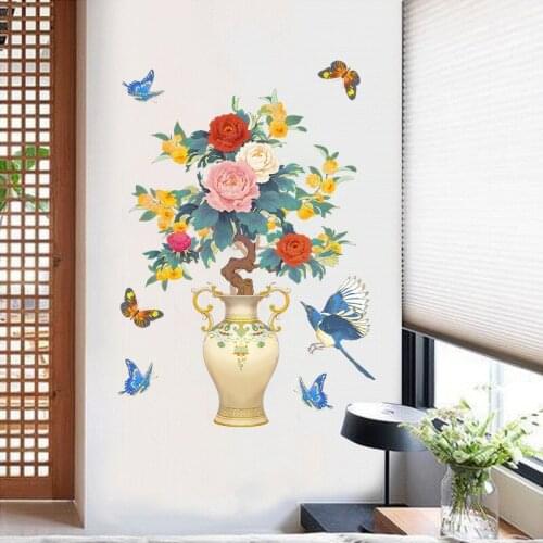 Peony Vase Wall Stickers Flowers Self-adhesive Wallpaper Teenager Room Decor Aesthetic Living Room Bedroom Decals for Furniture