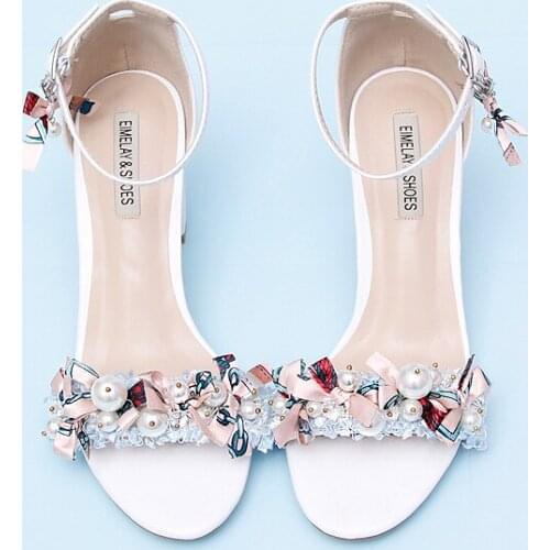 Sweet word with hollow open toe womens shoes ice blue lace Pearl bow thick heel size student sandals