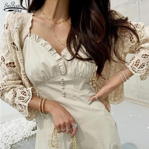 Long Sleeve Hollow V-Neck Embroidery lace Blouse Top Women sunscreen Clothing New Chic Crochet Floral Knitted Shirts Woman 15868