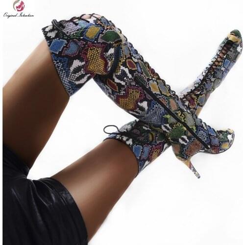 Womens Sexy Serpentine Over The Knee Sandals Boots Shoes Peep Toe Lace Up Zipper Thin High Heels Women Shoes Plus Size 35 45 52