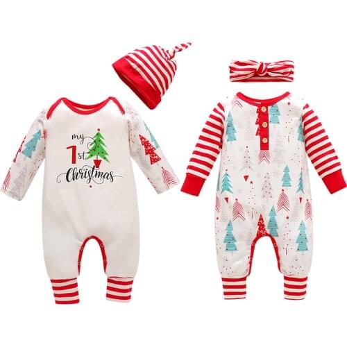 2020 New Winter Christmas Infant Baby Boys Girls 2Pcs Set Tree Letter Print Long Sleeve Romper+Red Striped Hat/Headband Xmas