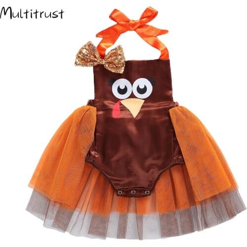 2020 Infant Thanksgiving Clothes Baby Girls Bodysuits Dress Turkey Print Sleeveless Belt Sequined Lace Tutu Jumpsuits