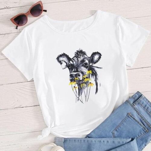 2021 Cattle Printed Womens Clothes Hipster Cattle Cartoon ​Modern Wholesale Tee Shirts Casual Simplicity Urbano Comfy T Shirt