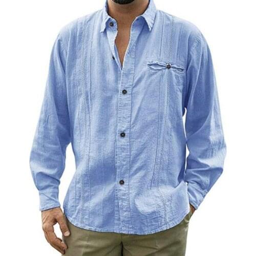 40%HOTMen Casual Solid Color Long Sleeve Turn Down Collar Button Cotton Linen Shirt Top